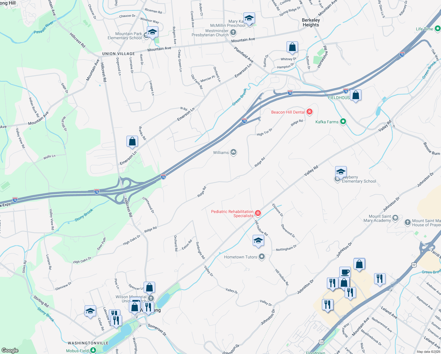 map of restaurants, bars, coffee shops, grocery stores, and more near 281 Ridge Road in Watchung