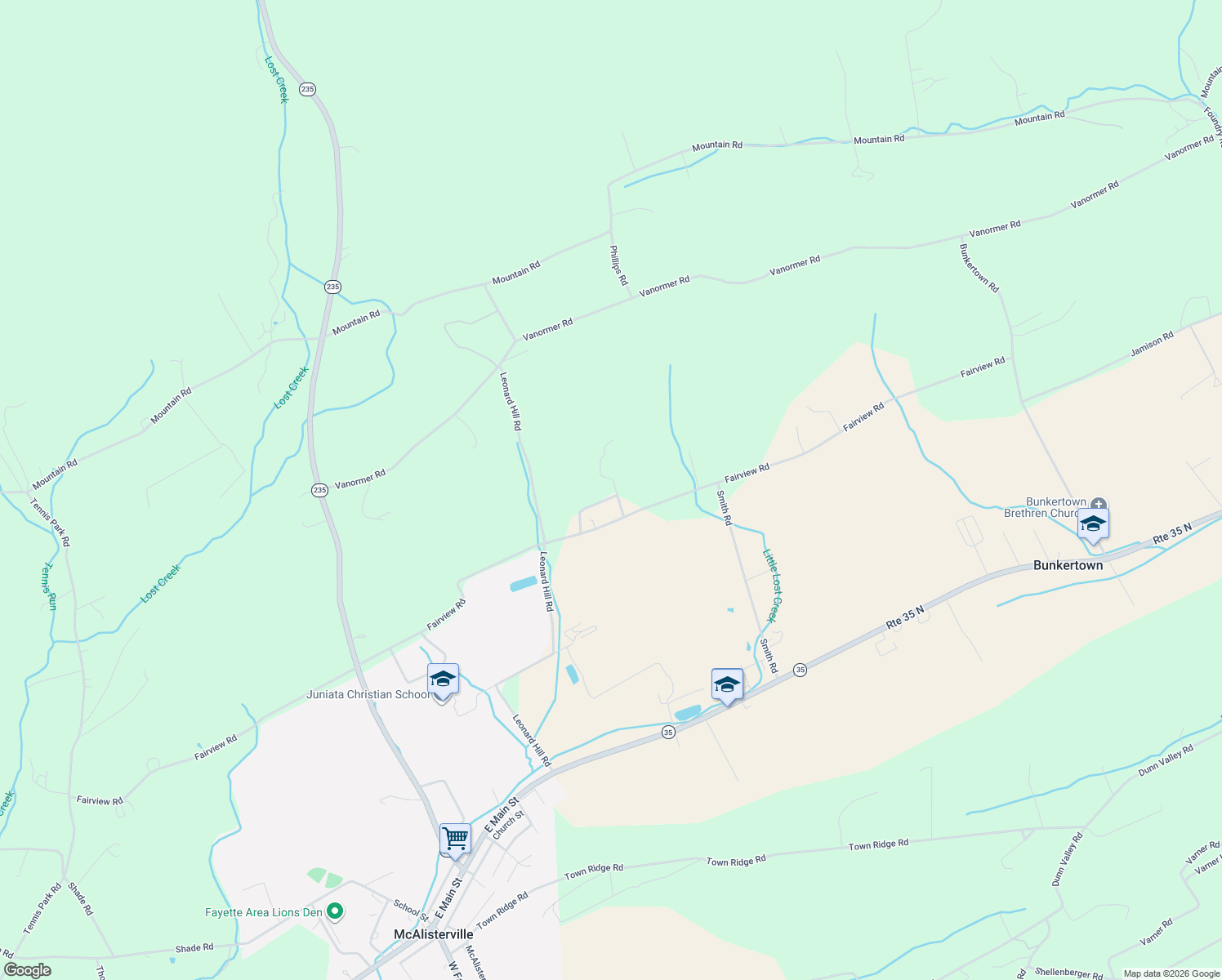 map of restaurants, bars, coffee shops, grocery stores, and more near 112 Sunnyside Road in McAlisterville