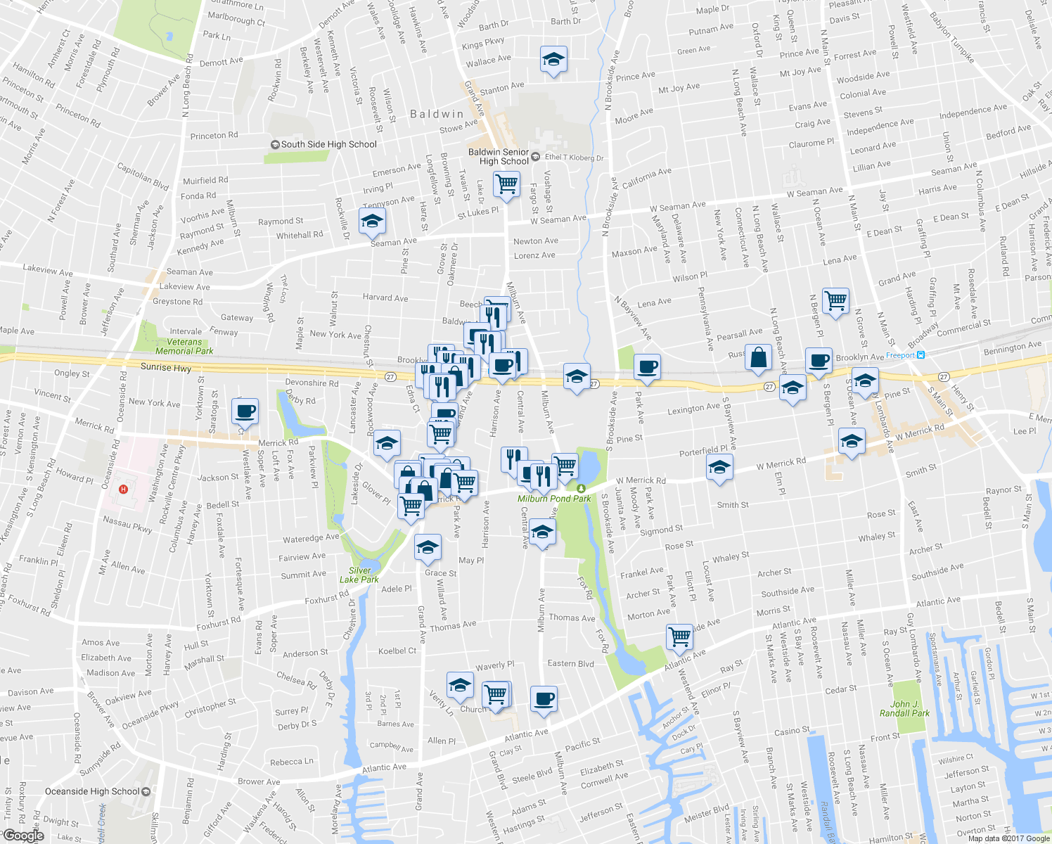 map of restaurants, bars, coffee shops, grocery stores, and more near 2341 Central Avenue in Baldwin