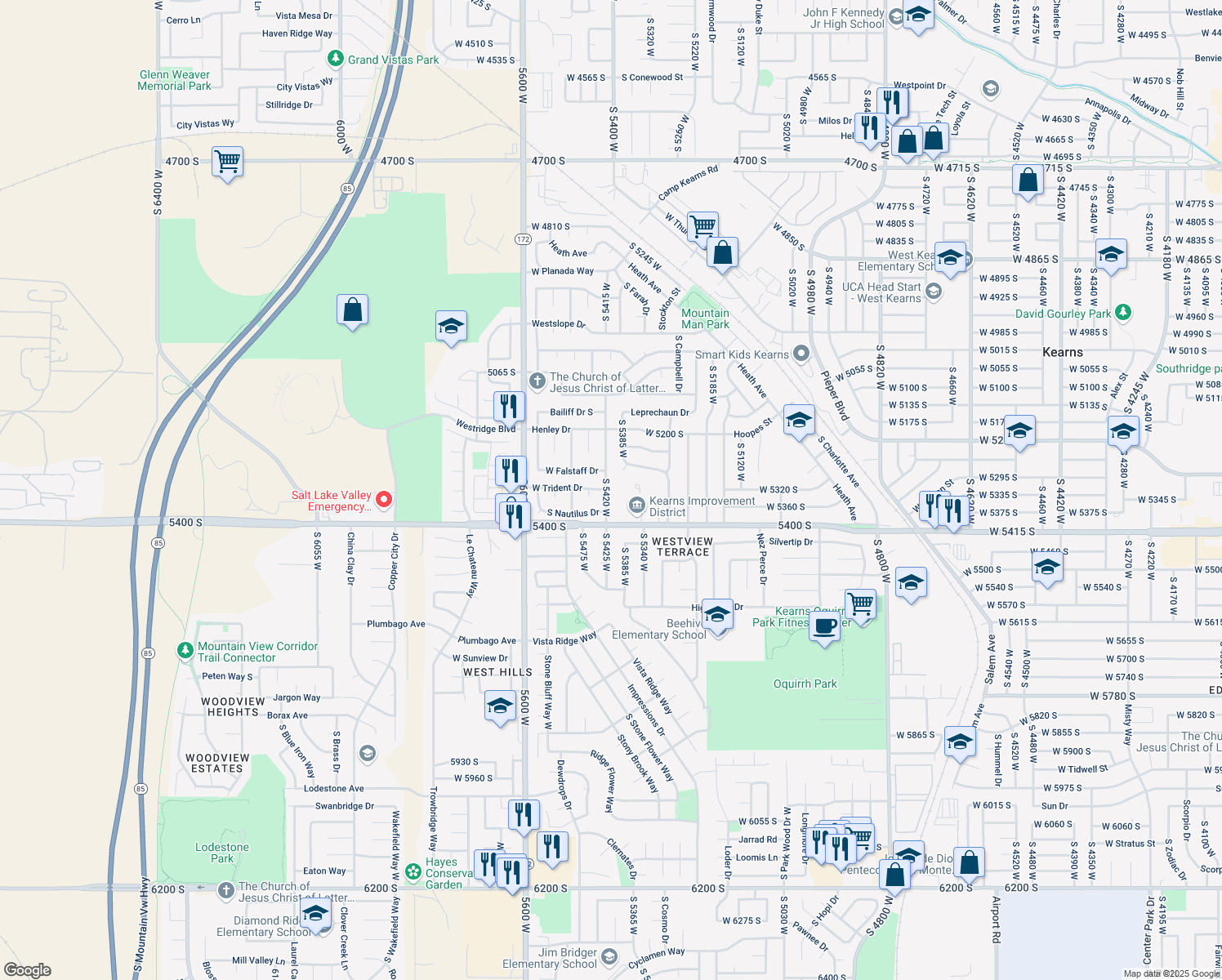 map of restaurants, bars, coffee shops, grocery stores, and more near 5321 South 5420 West in Kearns