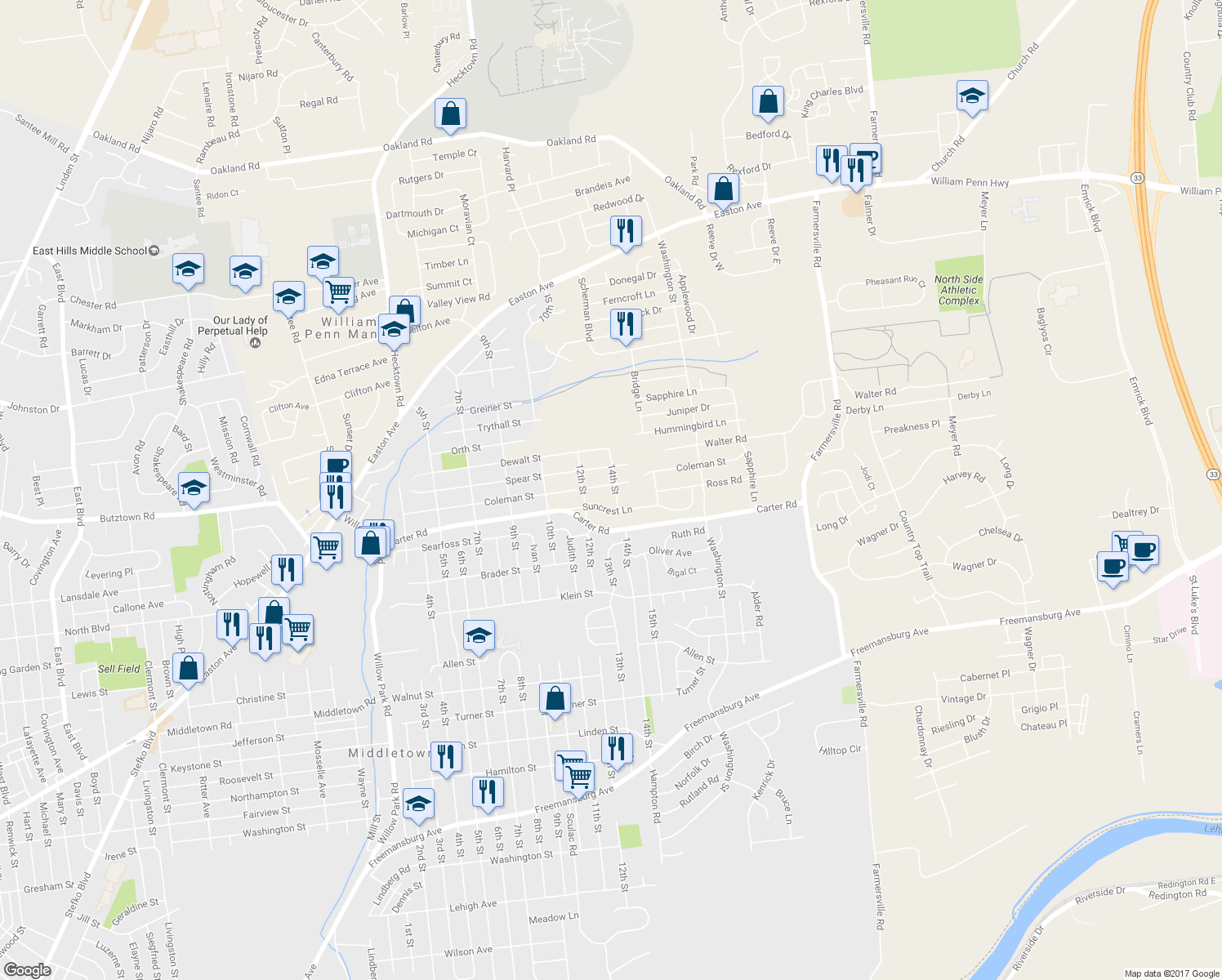 map of restaurants, bars, coffee shops, grocery stores, and more near 3934 Coleman St in Bethlehem