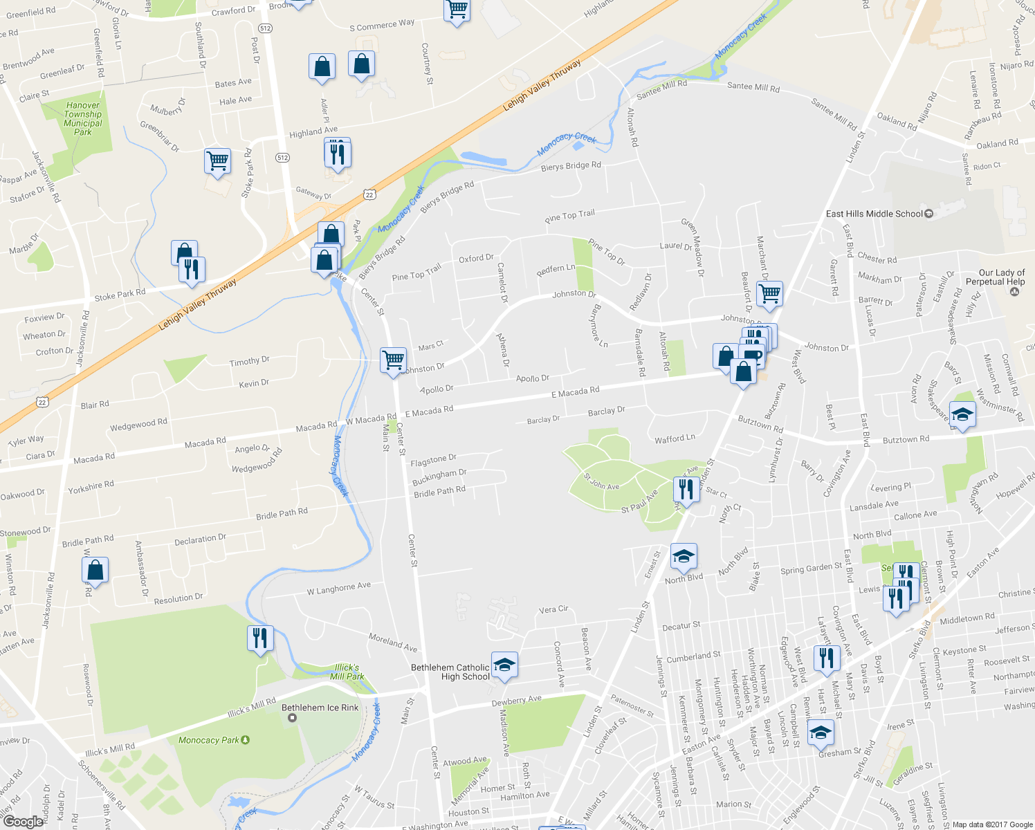 map of restaurants, bars, coffee shops, grocery stores, and more near 425 Barclay Drive in Bethlehem