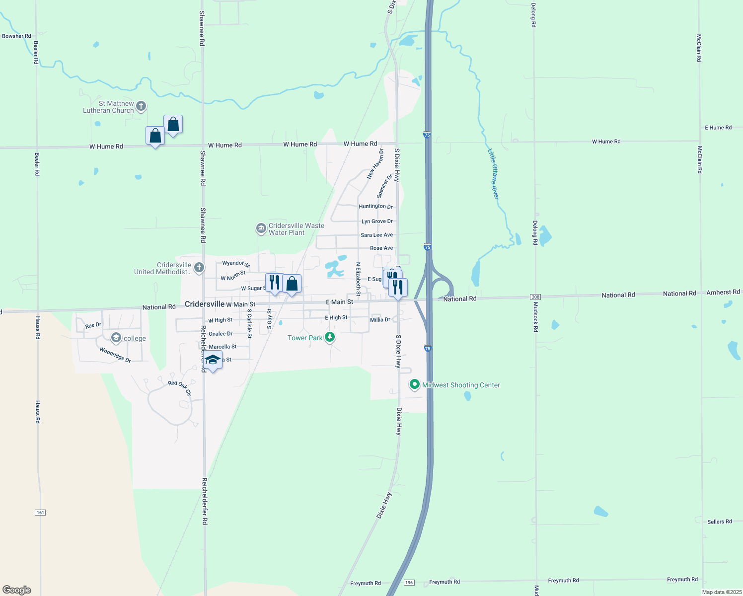 map of restaurants, bars, coffee shops, grocery stores, and more near 601 East Main Street in Cridersville
