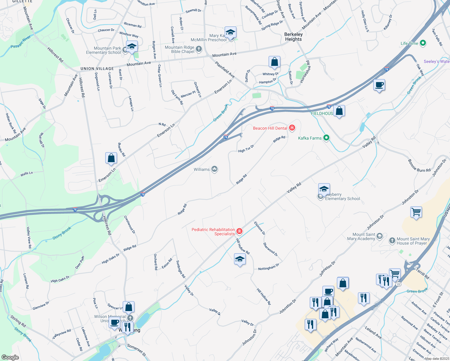 map of restaurants, bars, coffee shops, grocery stores, and more near 23 High Tor Drive in Watchung