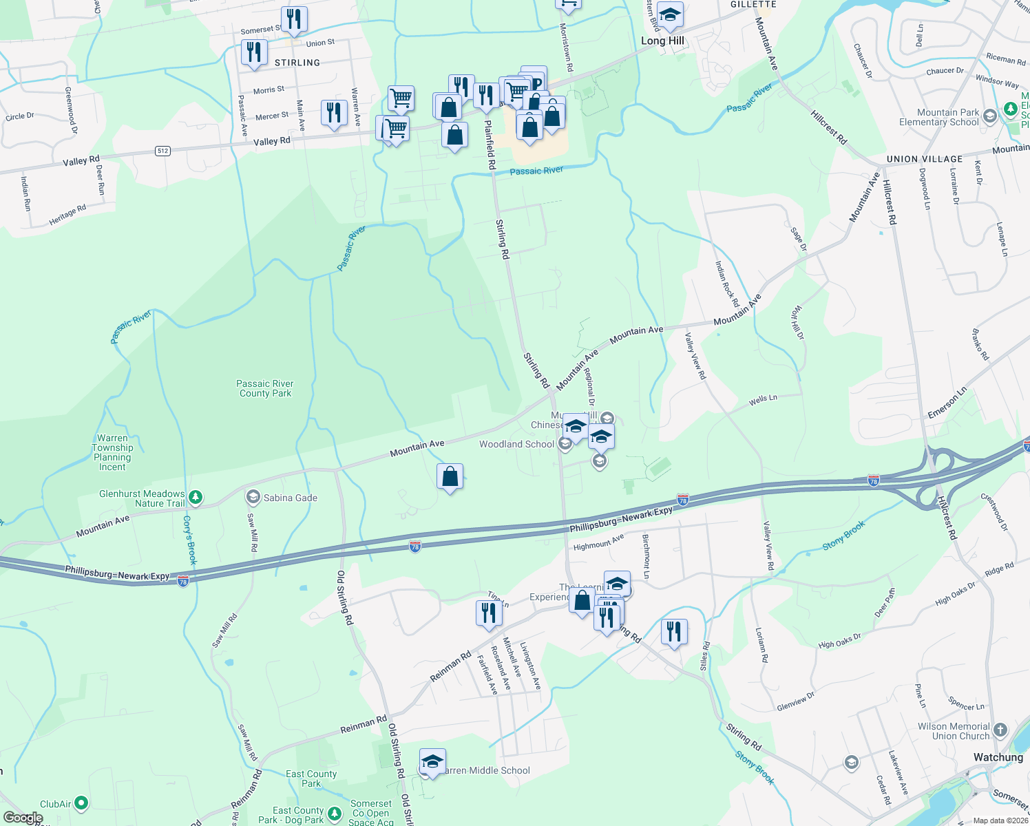 map of restaurants, bars, coffee shops, grocery stores, and more near 111 Mountain Avenue in Warren