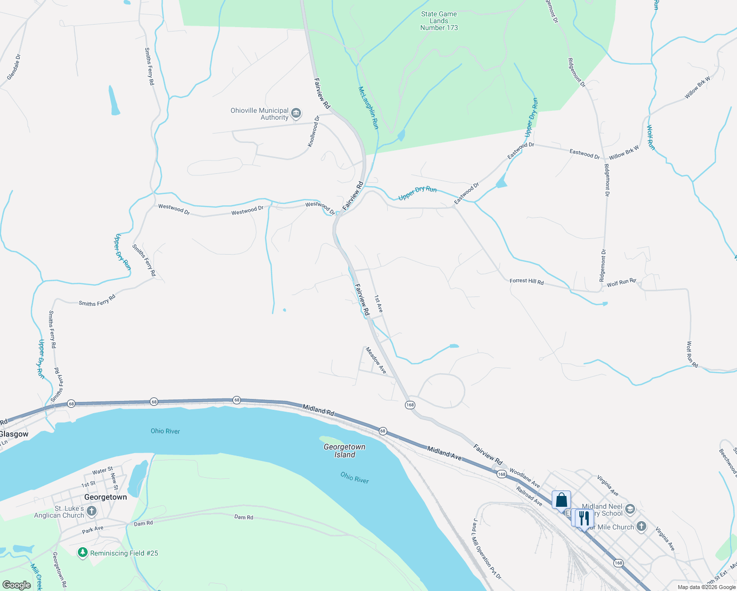 map of restaurants, bars, coffee shops, grocery stores, and more near 238 Fairview Rd in Midland