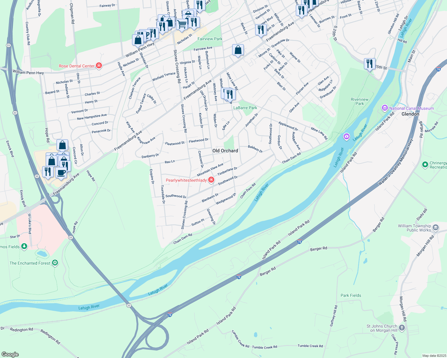 map of restaurants, bars, coffee shops, grocery stores, and more near 3627 Southwood Drive in Easton