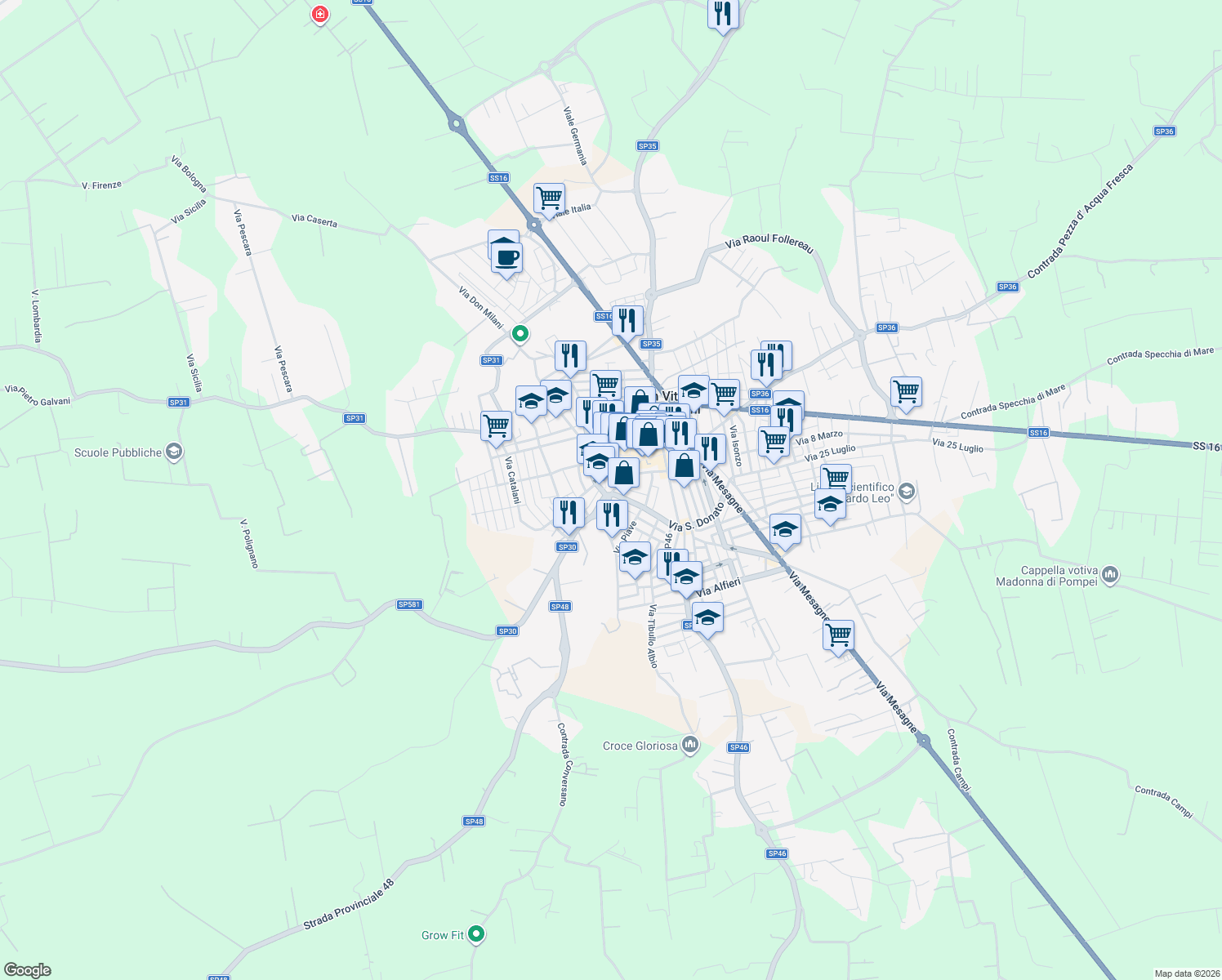 map of restaurants, bars, coffee shops, grocery stores, and more near Strada Provinciale 30 in San Vito dei Normanni