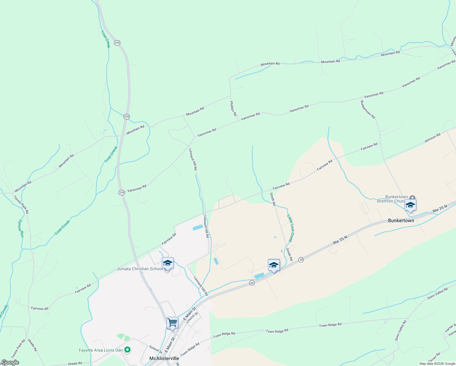 map of restaurants, bars, coffee shops, grocery stores, and more near 112 Sunnyside Road in McAlisterville