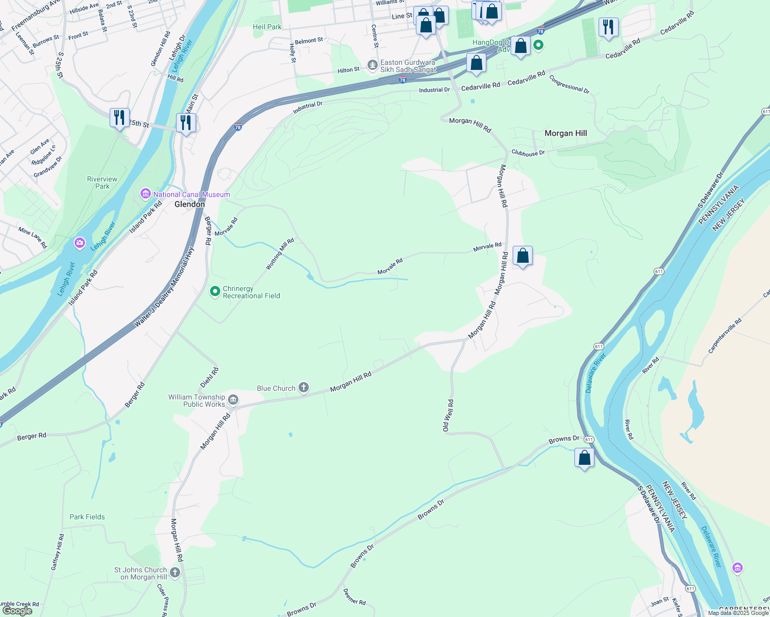map of restaurants, bars, coffee shops, grocery stores, and more near 620 Morvale Road in Easton