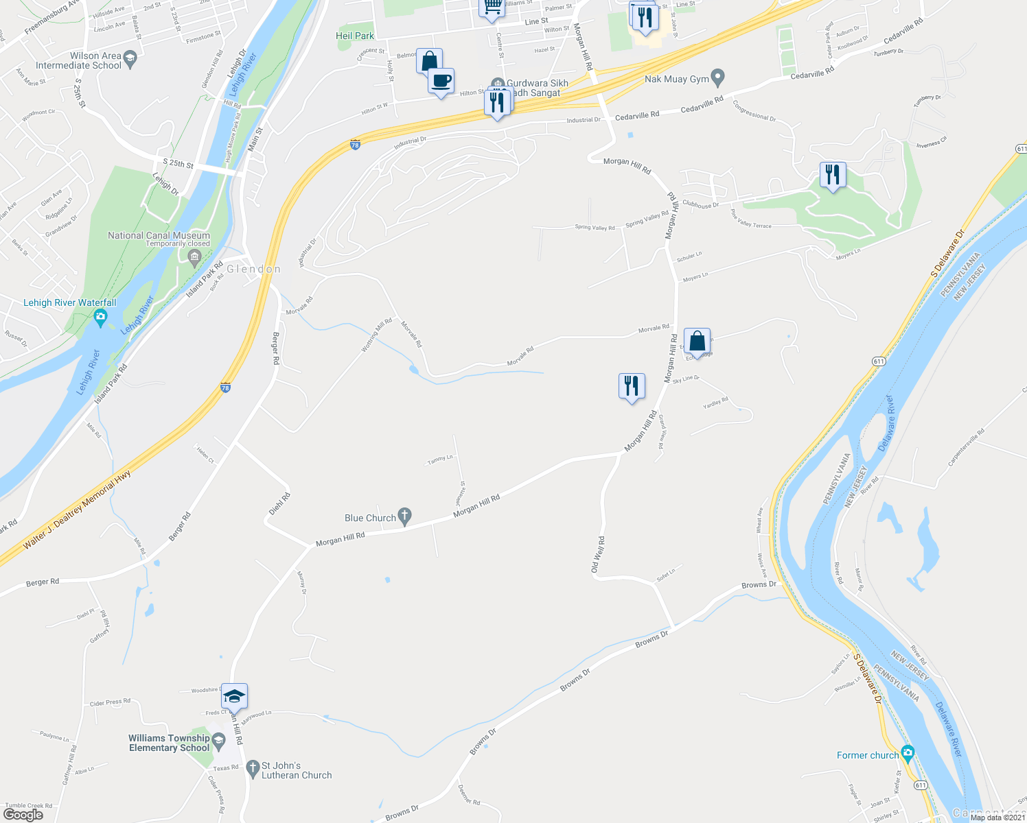 map of restaurants, bars, coffee shops, grocery stores, and more near 620 Morvale Road in Easton