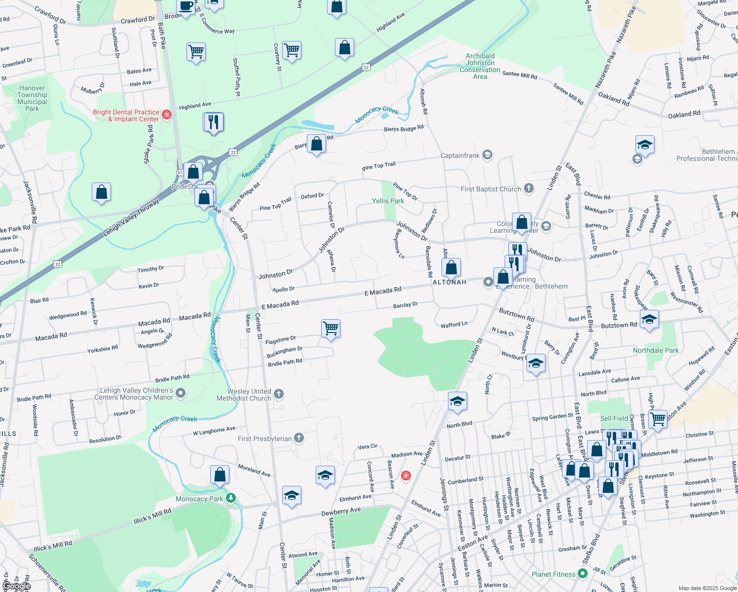 map of restaurants, bars, coffee shops, grocery stores, and more near 540 East Macada Road in Bethlehem