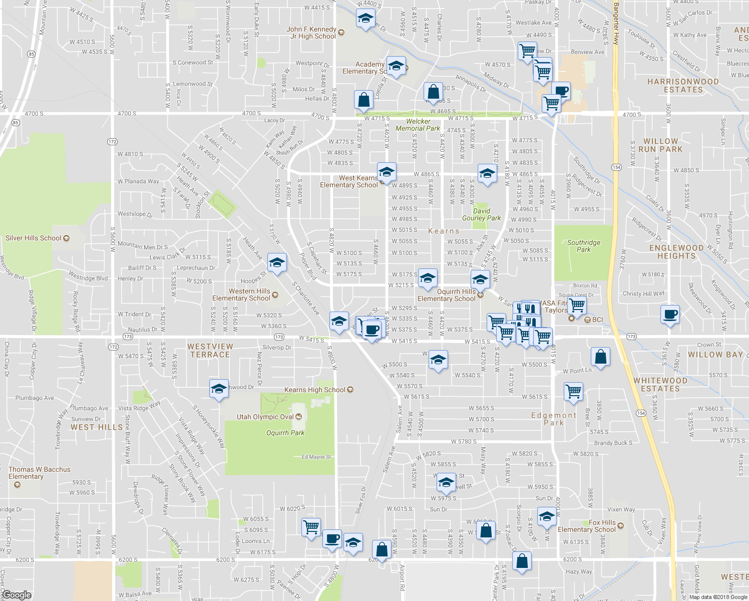 map of restaurants, bars, coffee shops, grocery stores, and more near 4673 West 5255 South in Kearns