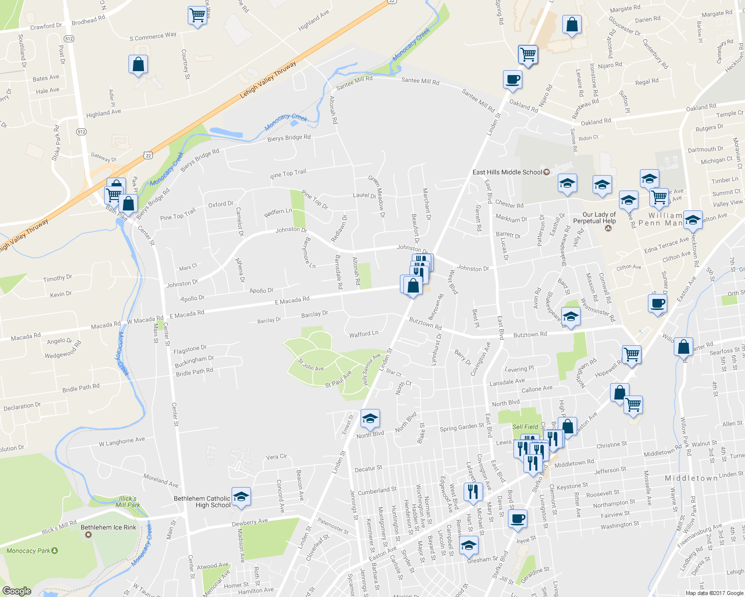 map of restaurants, bars, coffee shops, grocery stores, and more near 928 East Macada Road in Bethlehem