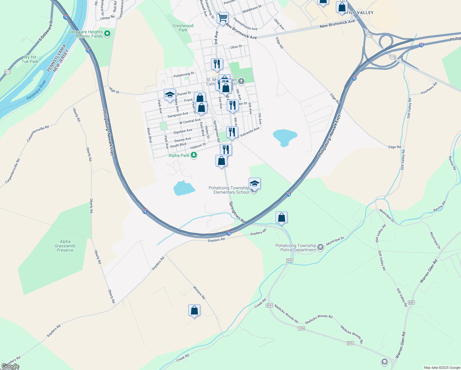 map of restaurants, bars, coffee shops, grocery stores, and more near 1740 Springtown Road in Alpha