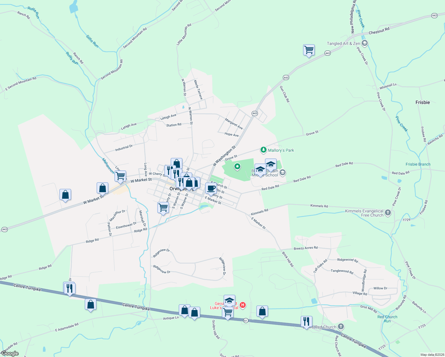 map of restaurants, bars, coffee shops, grocery stores, and more near 275 N Perry St in Orwigsburg