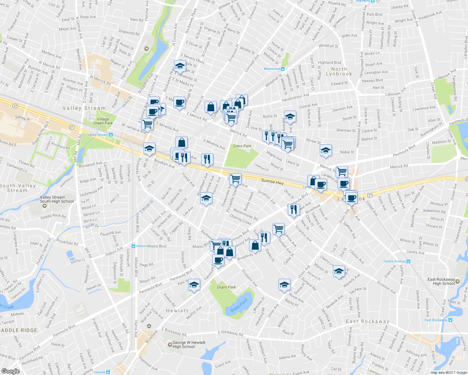 map of restaurants, bars, coffee shops, grocery stores, and more near 38 Piccadilly Downs in Lynbrook