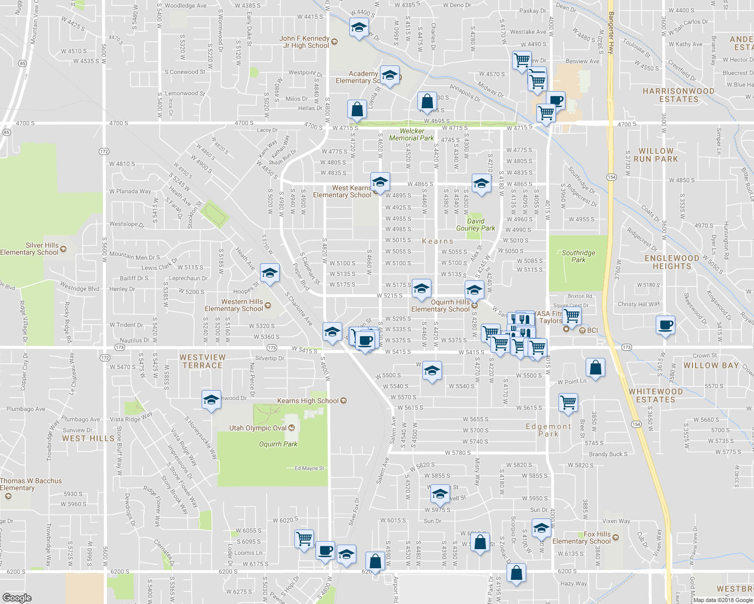 map of restaurants, bars, coffee shops, grocery stores, and more near 5236 South 4620 West in Kearns