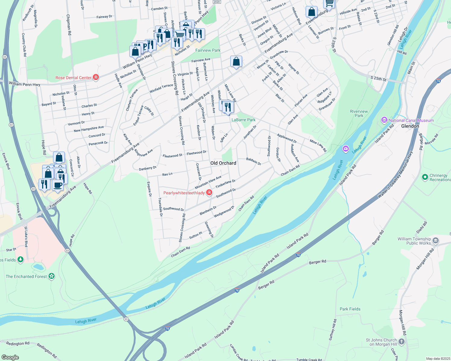 map of restaurants, bars, coffee shops, grocery stores, and more near 3611 Timberlane Drive in Easton
