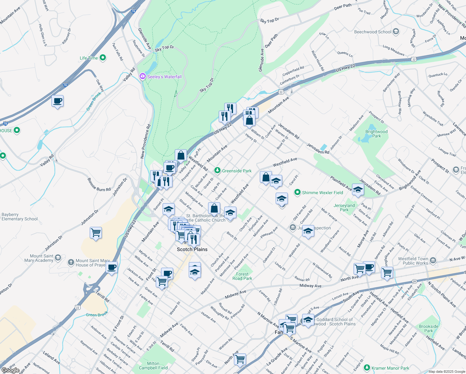 map of restaurants, bars, coffee shops, grocery stores, and more near 1 Azalea Ct in Scotch Plains
