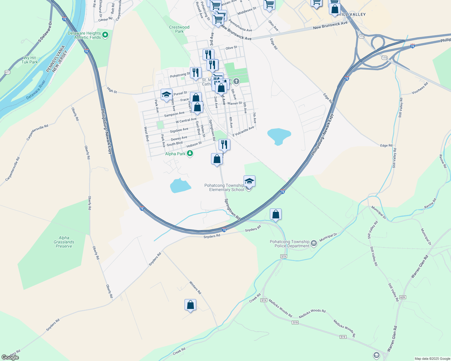 map of restaurants, bars, coffee shops, grocery stores, and more near 1722 Springtown Road in Alpha