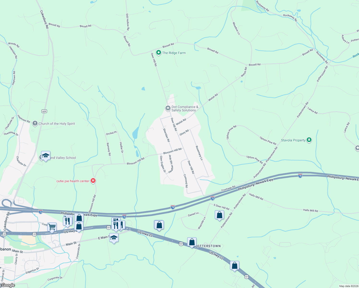 map of restaurants, bars, coffee shops, grocery stores, and more near 51 Deer Hill Road in Lebanon