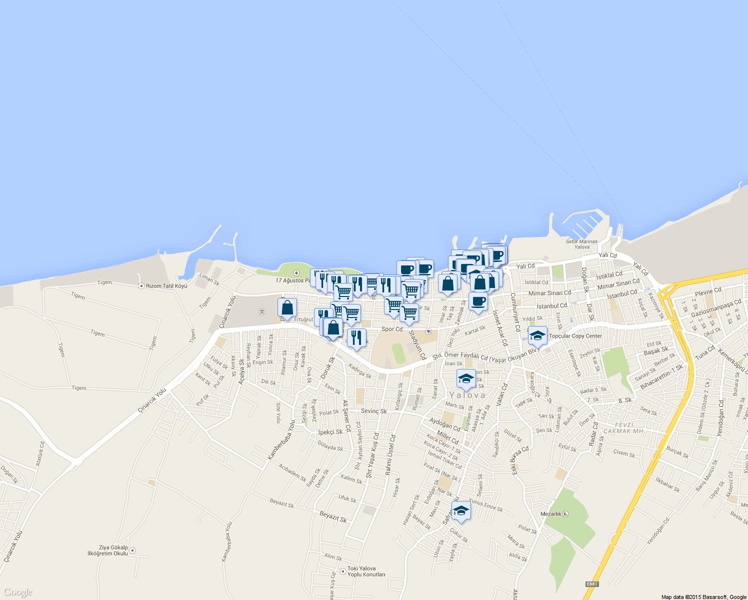 map of restaurants, bars, coffee shops, grocery stores, and more near Fatih Cd in Yalova