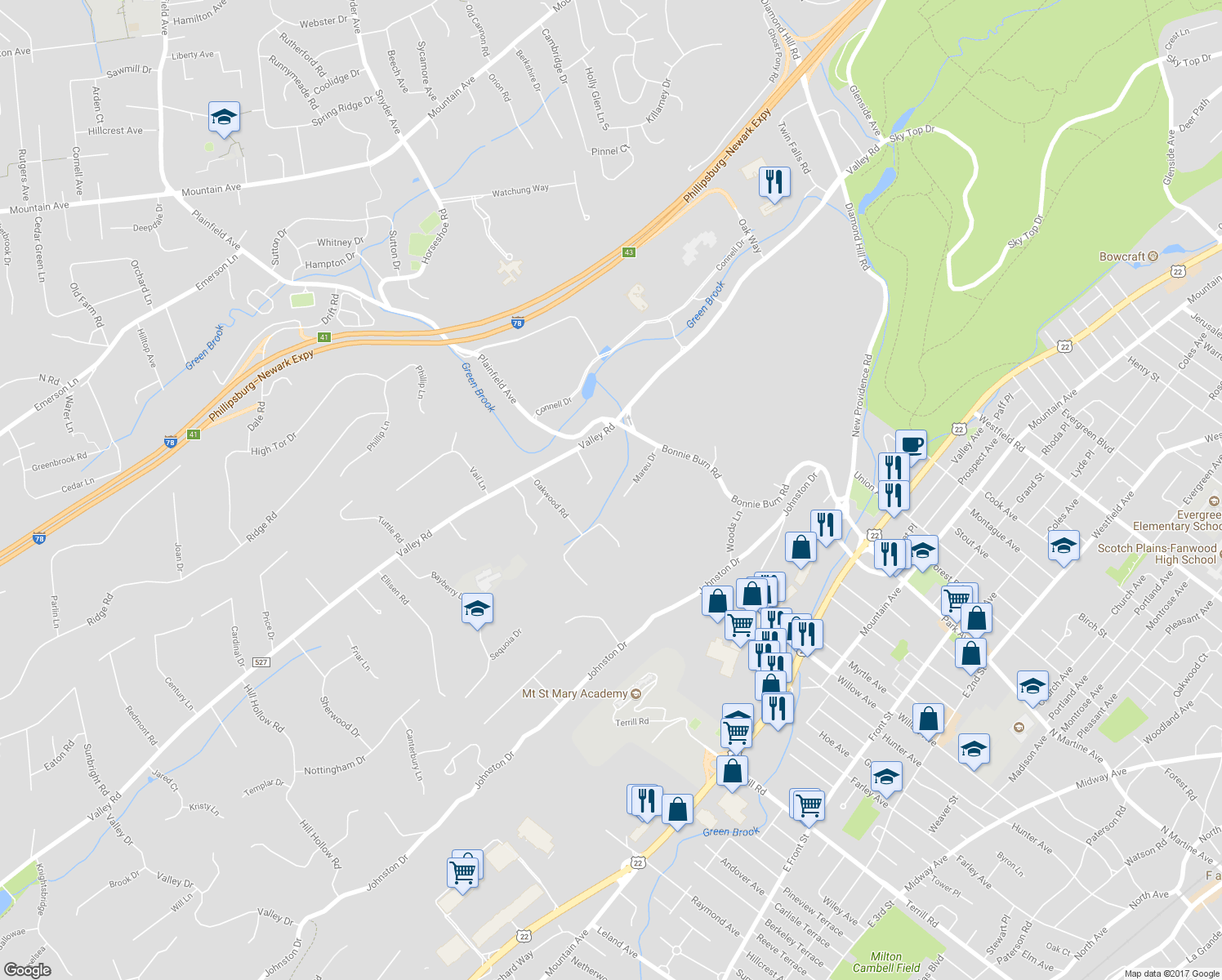 map of restaurants, bars, coffee shops, grocery stores, and more near 66 Mareu Drive in Watchung