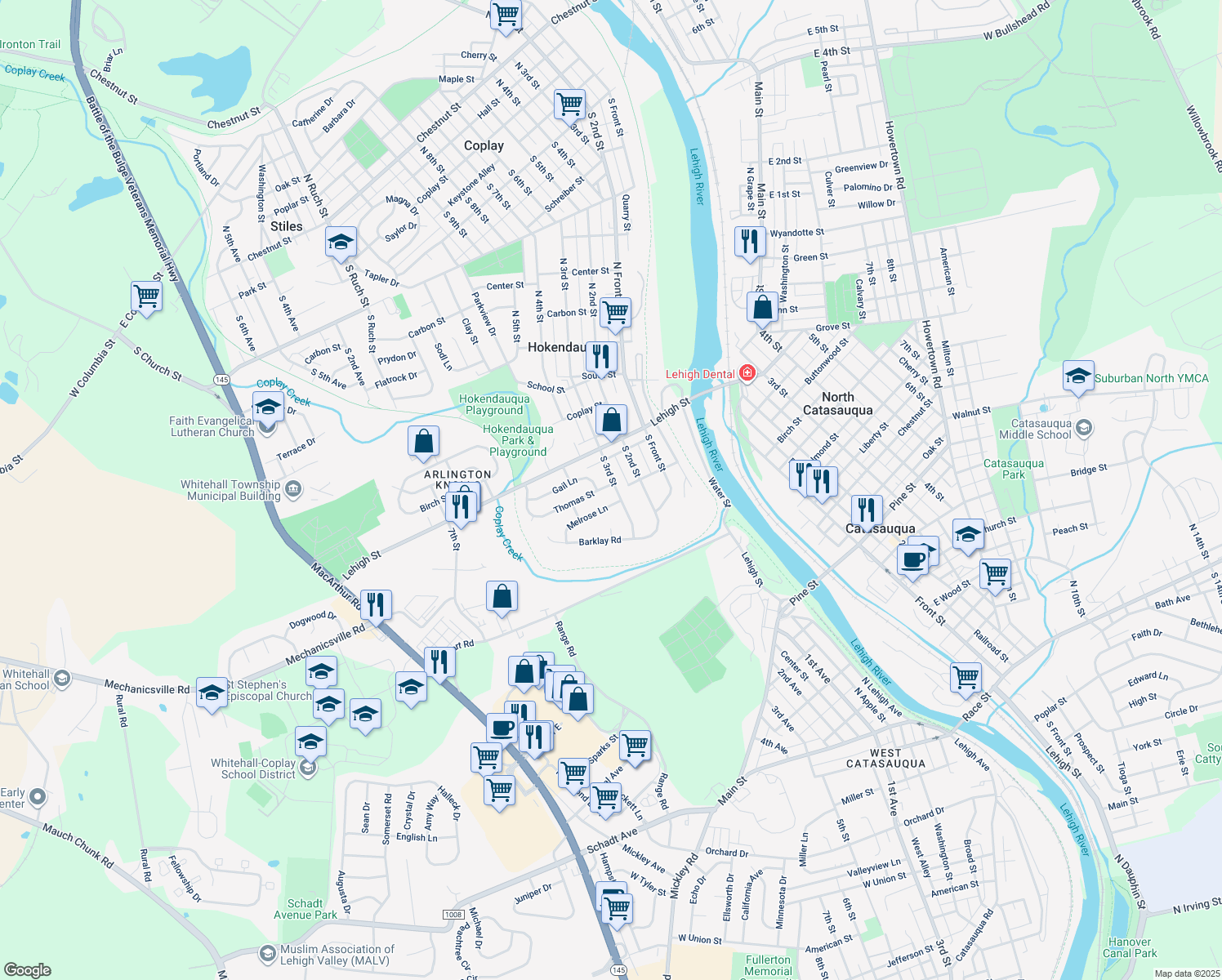 map of restaurants, bars, coffee shops, grocery stores, and more near 3306 Thomas Street in Hokendauqua