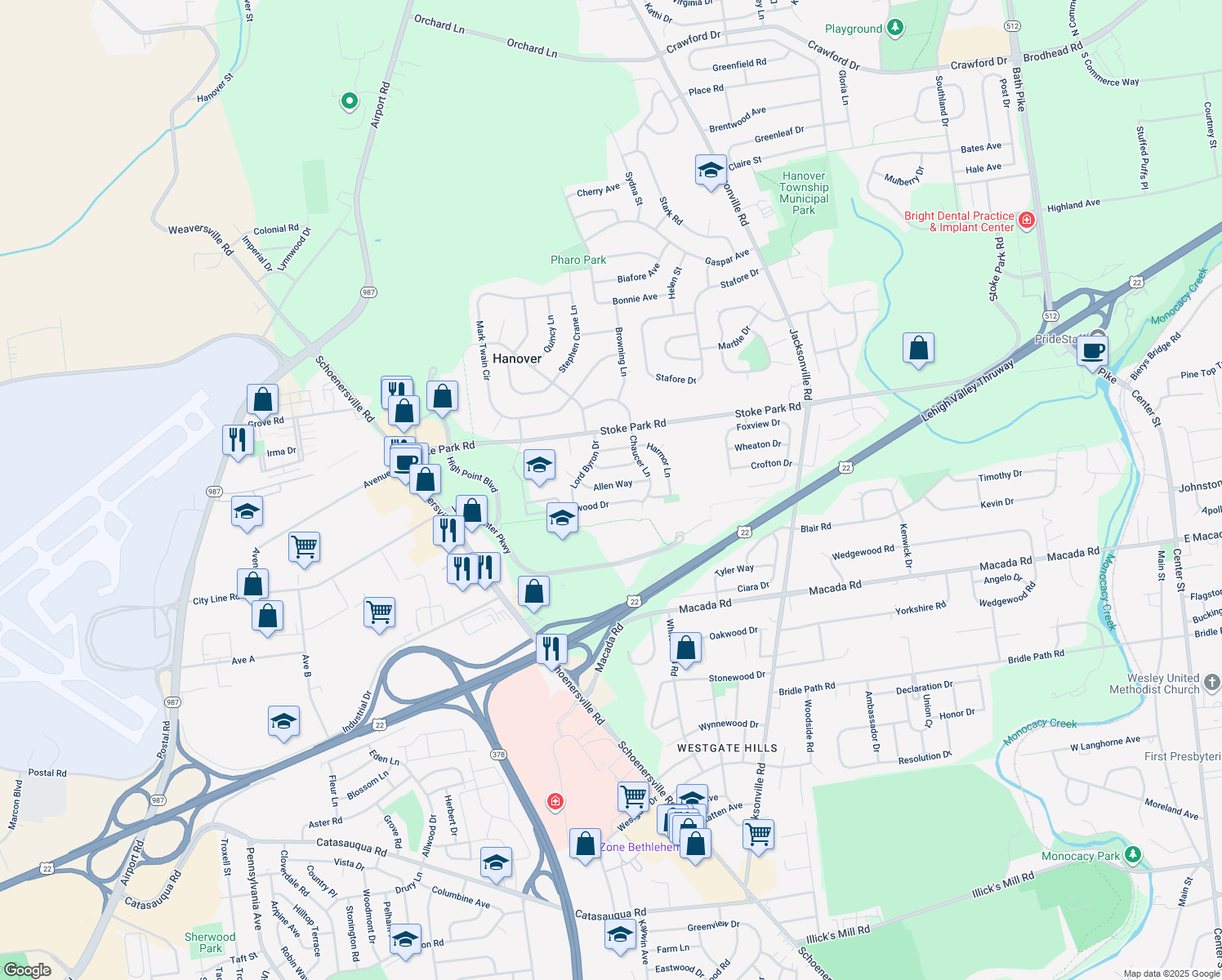 map of restaurants, bars, coffee shops, grocery stores, and more near 1575 Allen Way in Bethlehem