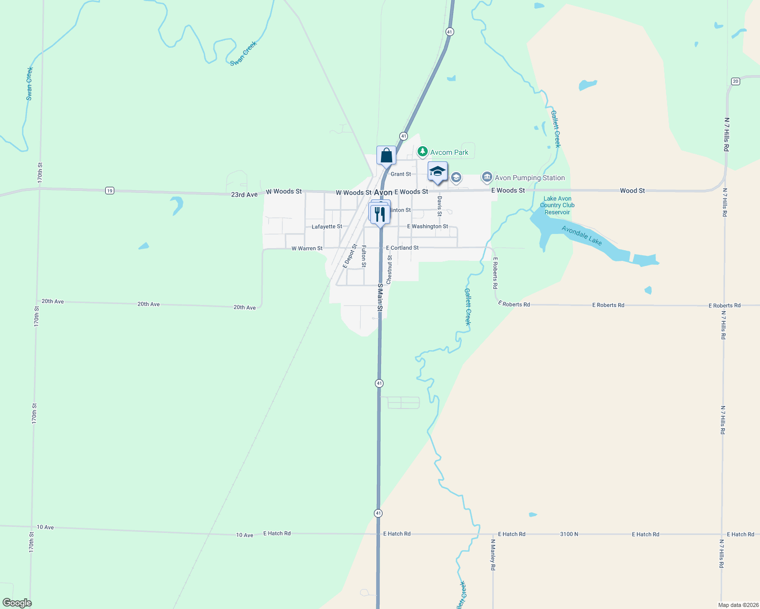 map of restaurants, bars, coffee shops, grocery stores, and more near 398 S Main St in Avon