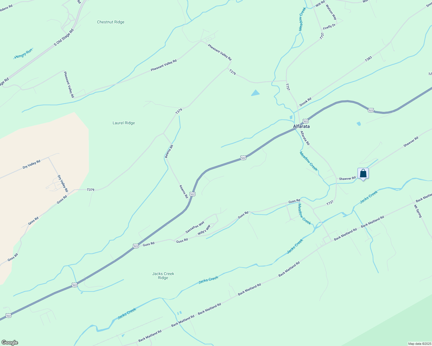 map of restaurants, bars, coffee shops, grocery stores, and more near Highway 522 South in Mifflin County