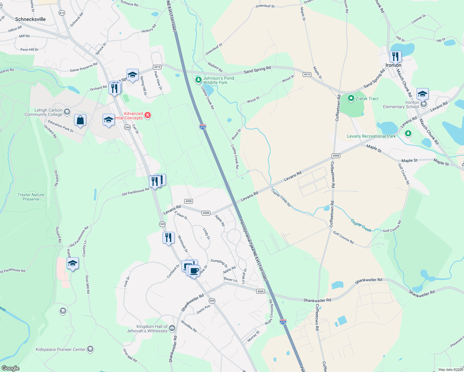 map of restaurants, bars, coffee shops, grocery stores, and more near 3986 Coplay Creek Court in Schnecksville