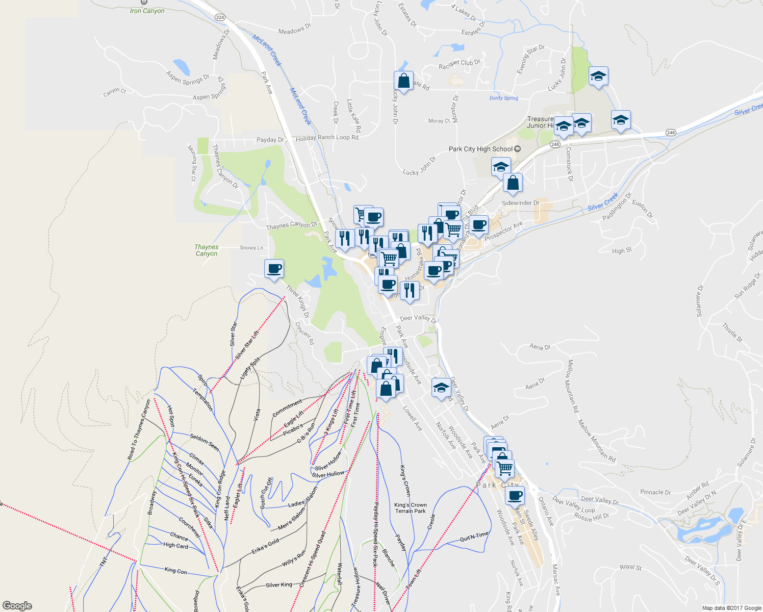 map of restaurants, bars, coffee shops, grocery stores, and more near 1670-1700 Park Avenue in Park City