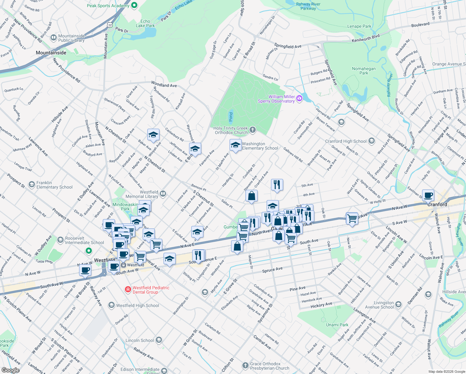 map of restaurants, bars, coffee shops, grocery stores, and more near 733 Coolidge Street in Westfield