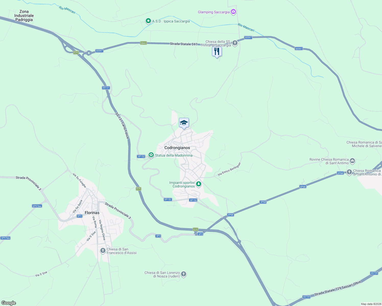 map of restaurants, bars, coffee shops, grocery stores, and more near 7 Via Acquedotto in Codrongianos