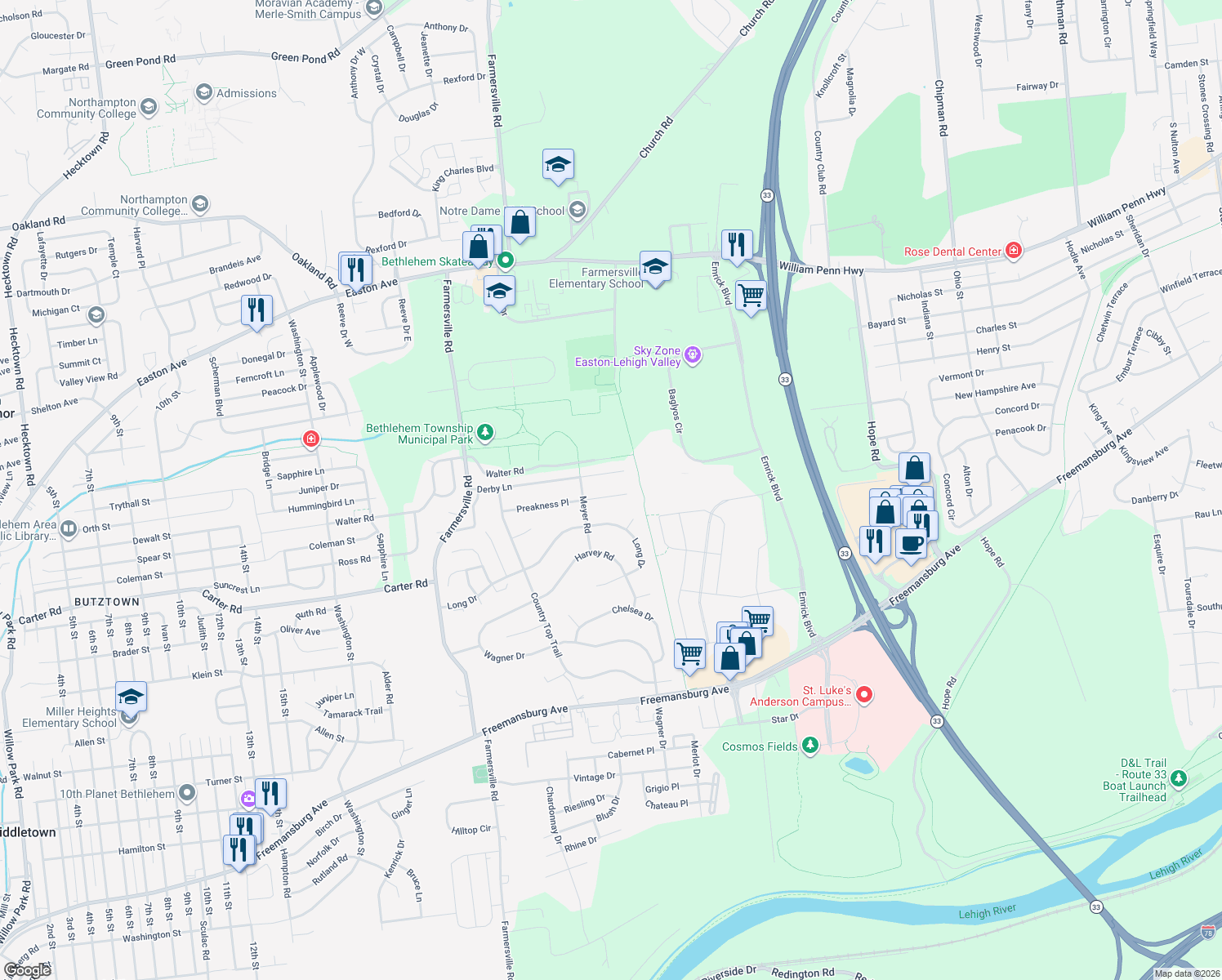 map of restaurants, bars, coffee shops, grocery stores, and more near 4991 Preakness Place in Bethlehem