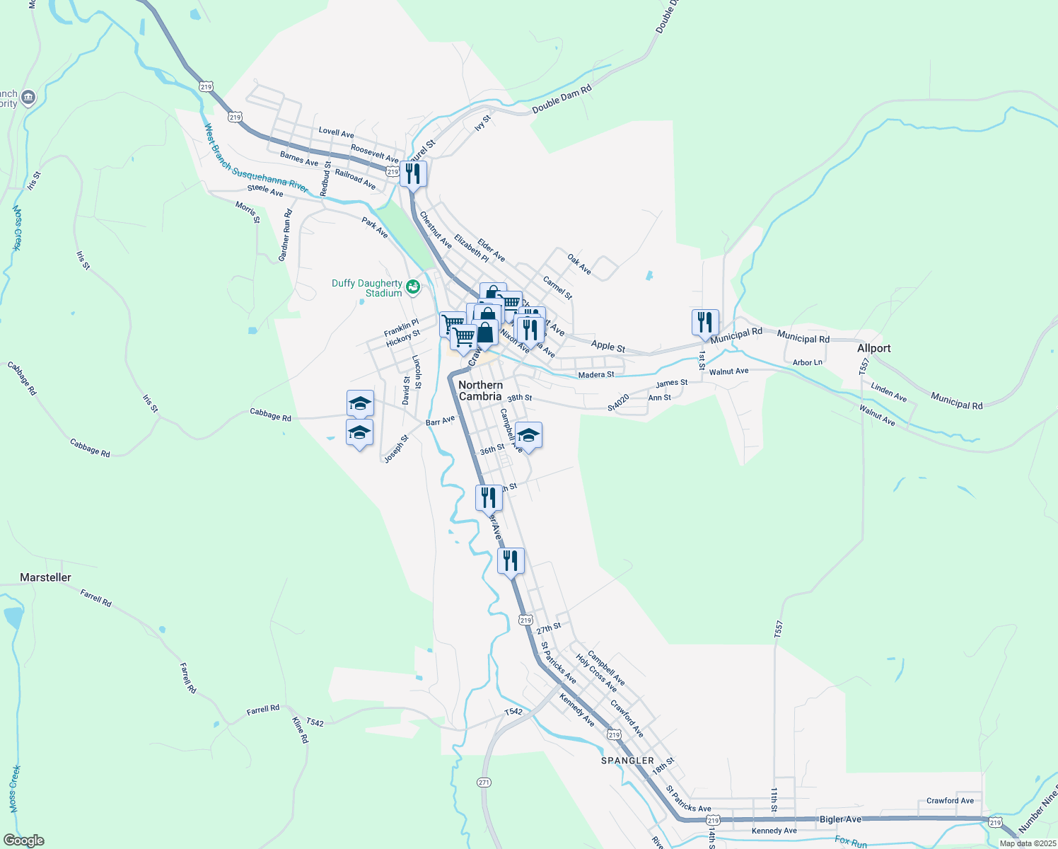 map of restaurants, bars, coffee shops, grocery stores, and more near 3601 Saint Stans Avenue in Northern Cambria