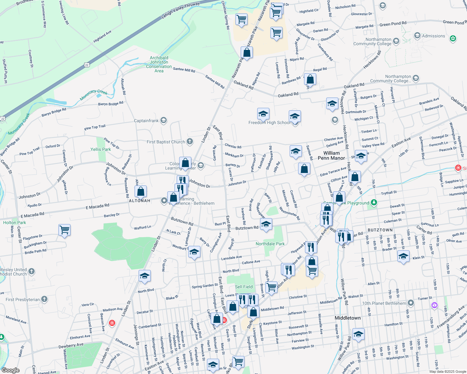 map of restaurants, bars, coffee shops, grocery stores, and more near 1722 Johnston Dr in Bethlehem