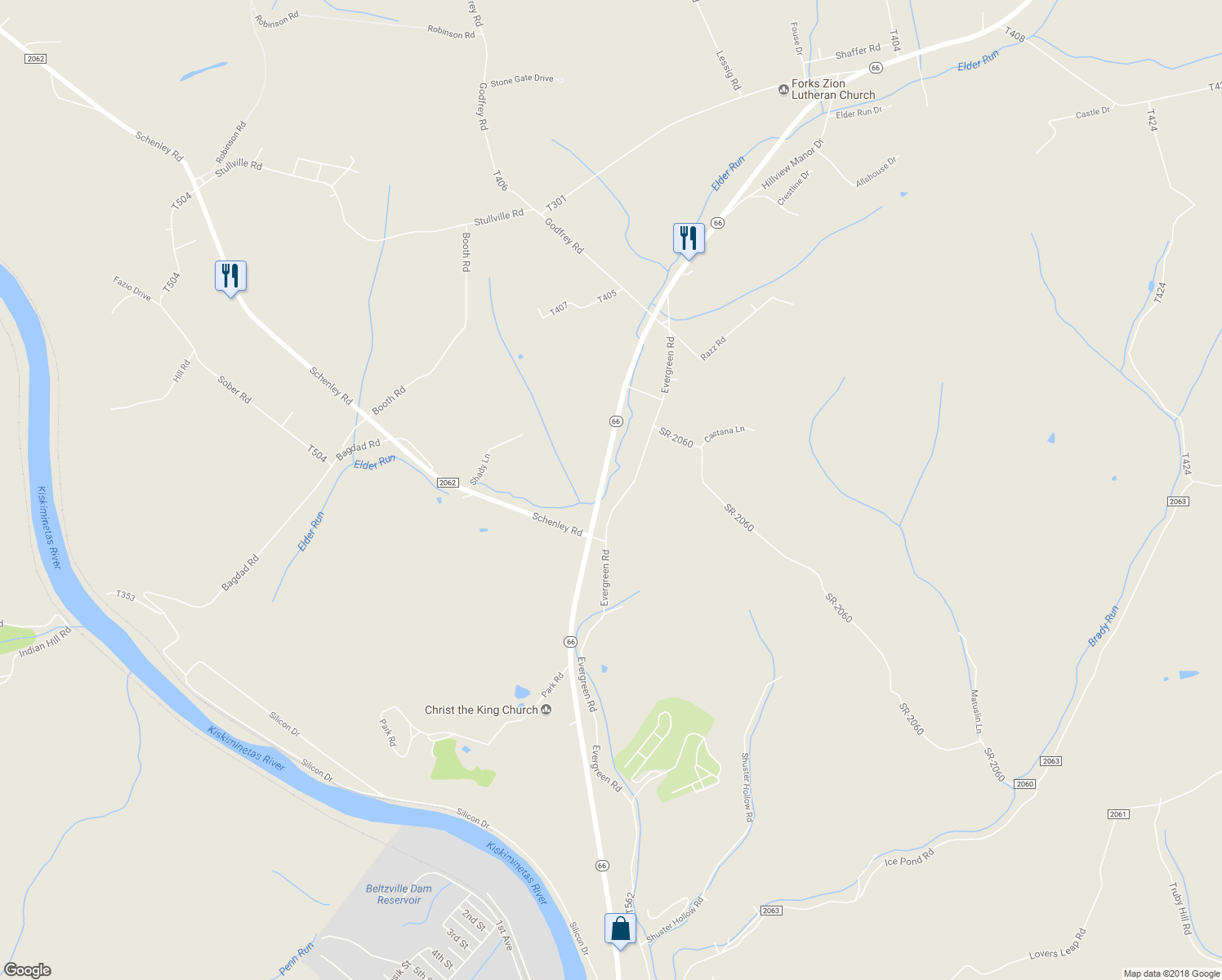 map of restaurants, bars, coffee shops, grocery stores, and more near 795 Evergreen Road in Leechburg