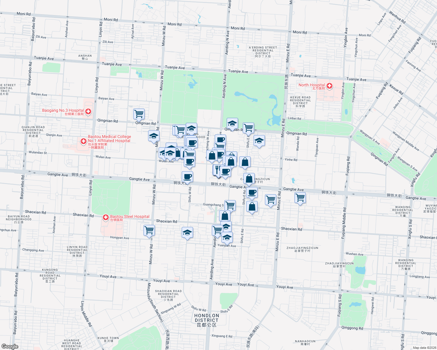 map of restaurants, bars, coffee shops, grocery stores, and more near in Baotou