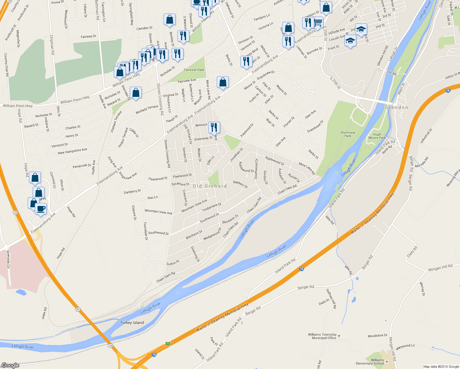 map of restaurants, bars, coffee shops, grocery stores, and more near 3566 Baldwin Drive in Easton