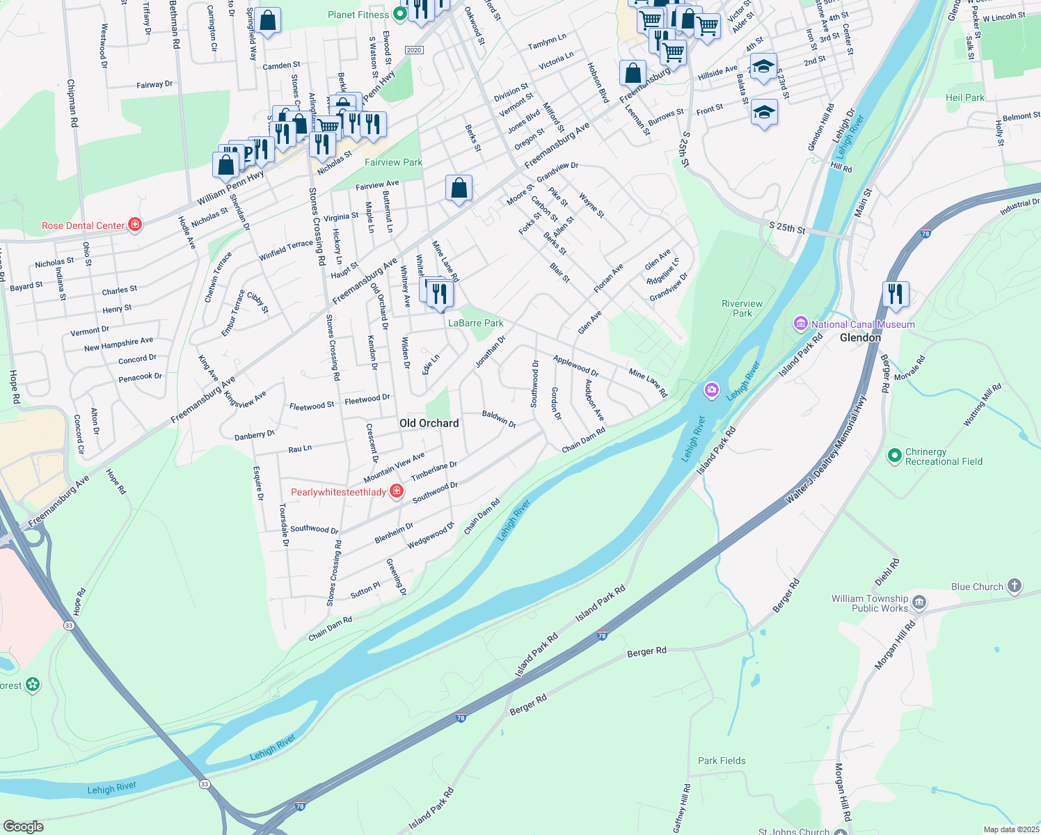 map of restaurants, bars, coffee shops, grocery stores, and more near 3543 Baldwin Drive in Easton