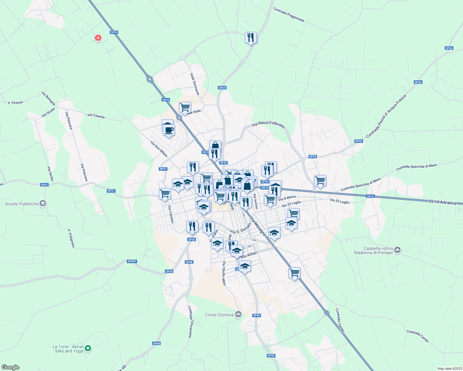 map of restaurants, bars, coffee shops, grocery stores, and more near in San Vito dei Normanni