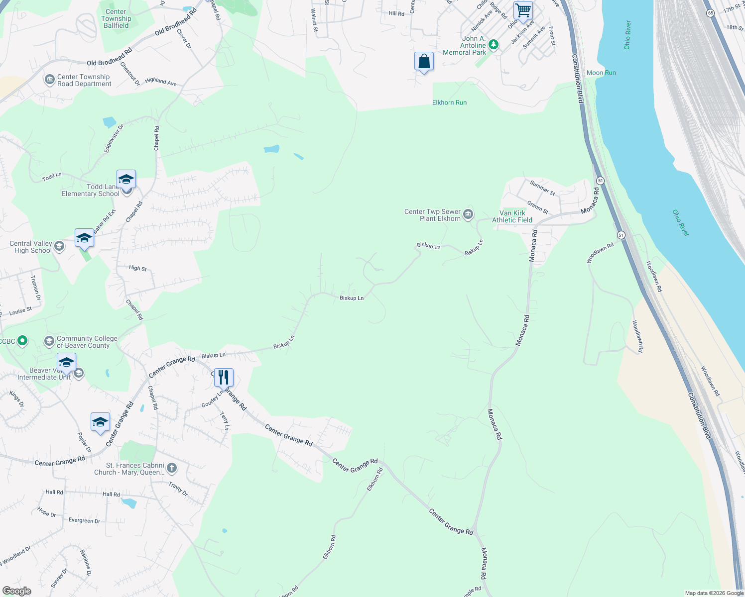 map of restaurants, bars, coffee shops, grocery stores, and more near 313 Biskup Lane in Monaca