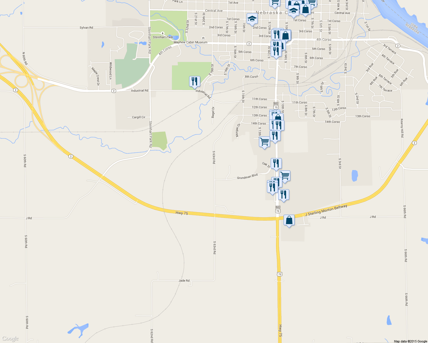 map of restaurants, bars, coffee shops, grocery stores, and more near 182 South 63rd Road in Nebraska City