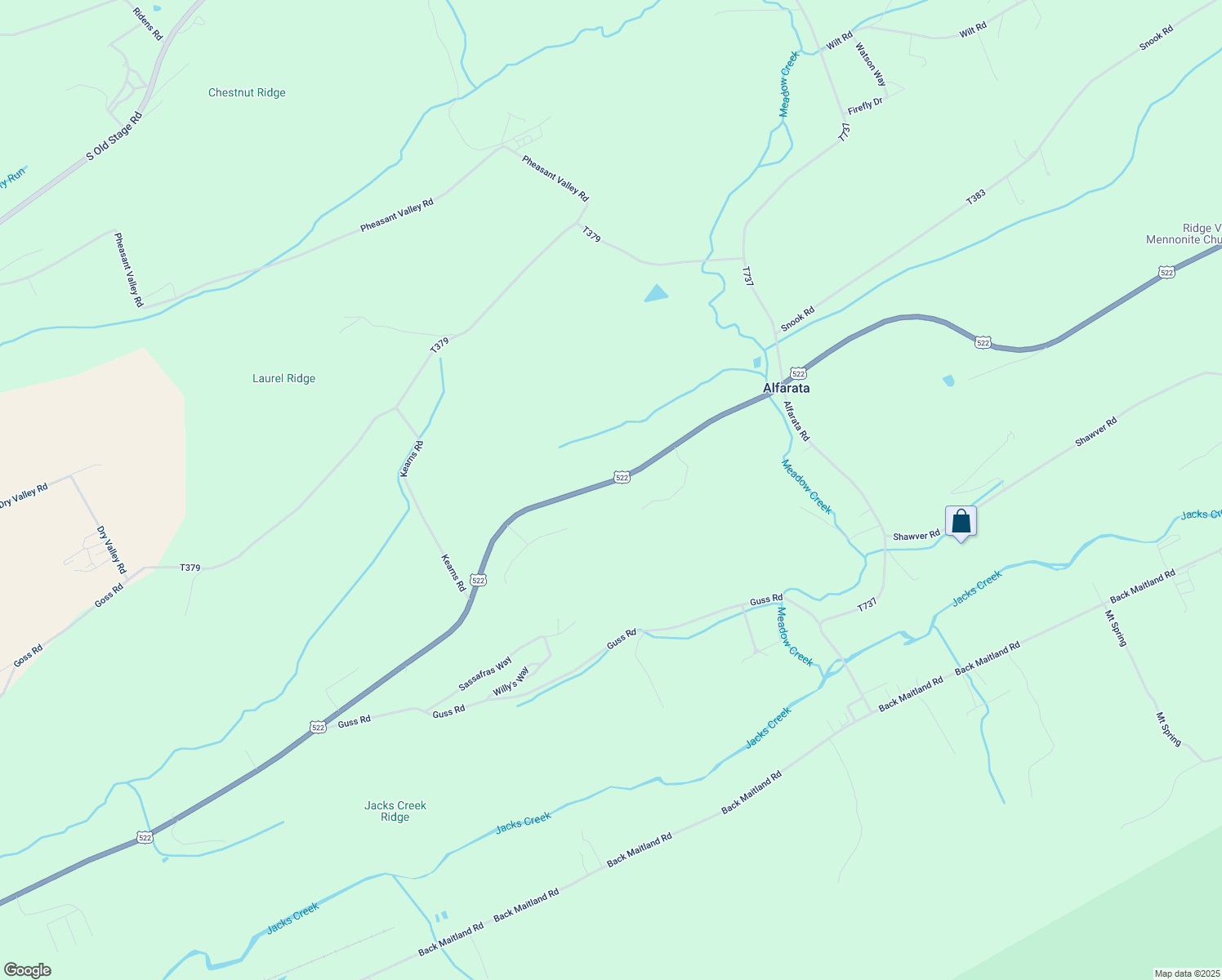 map of restaurants, bars, coffee shops, grocery stores, and more near Highway 522 South in Mifflin County