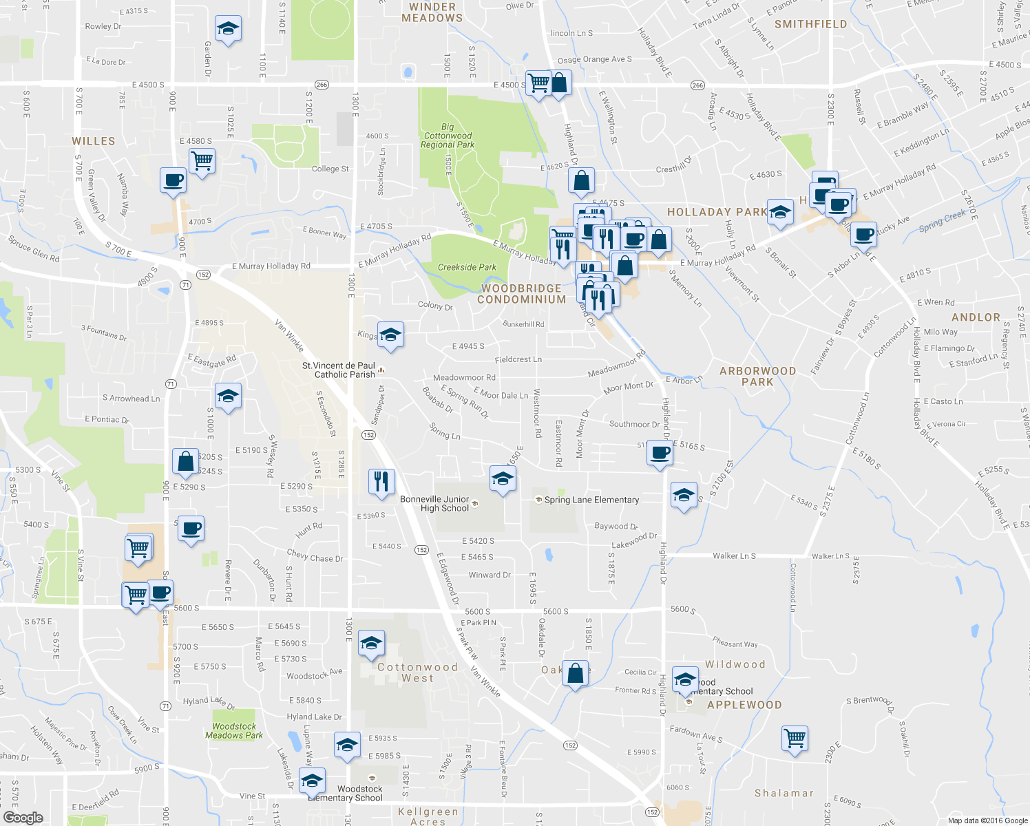 map of restaurants, bars, coffee shops, grocery stores, and more near 5088 South 1650 East in Holladay