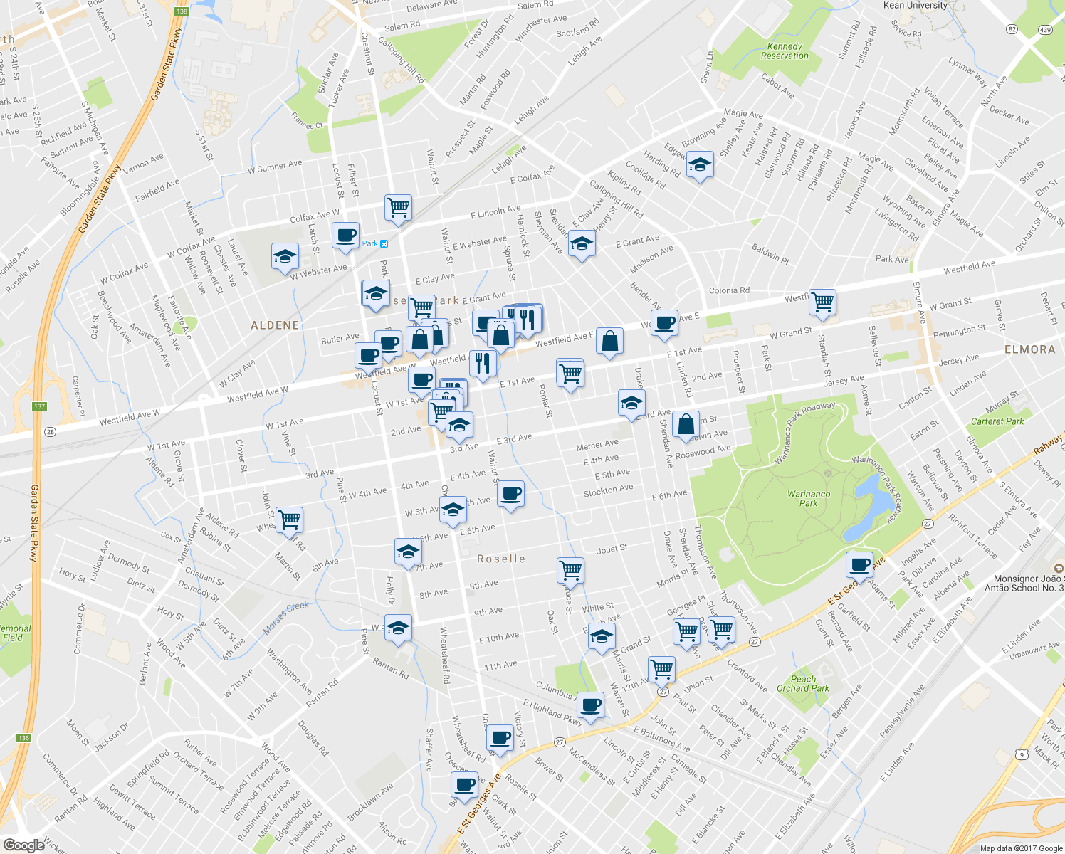 map of restaurants, bars, coffee shops, grocery stores, and more near 257 E 3rd Ave in Roselle