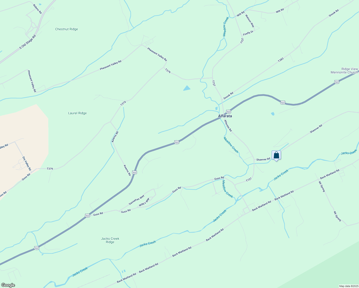 map of restaurants, bars, coffee shops, grocery stores, and more near Highway 522 South in Mifflin County